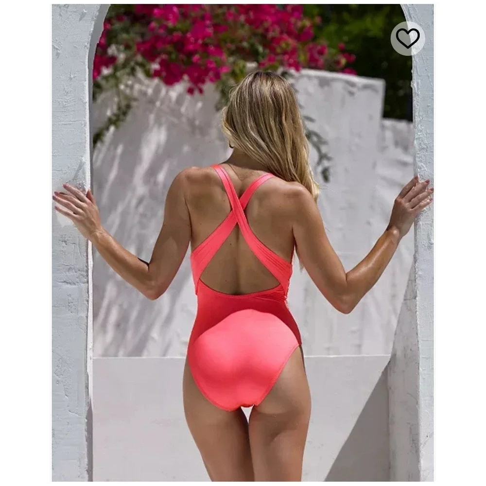 Trina Turk Wrap One Piece Swimsuit Coral Ring Accent Cross Back Size 6 NWT $178 - Picture 4 of 10
